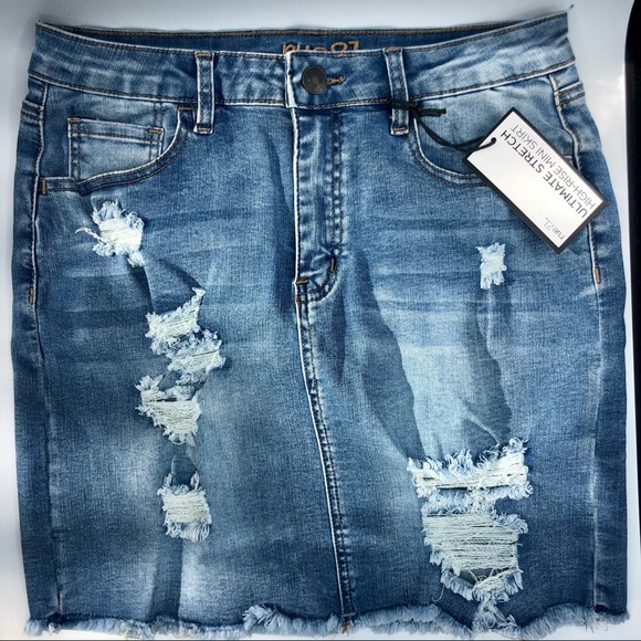 MINI MICRO SKIRT DISTRUCTED DENIM JEAN SKIRT HIGH RISE ACID WASHED, SZ LARGE NWT - Picture 2 of 6